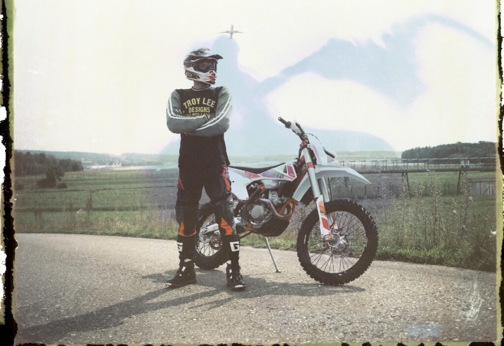 Vintage portrait of a dirtbike rider taken on Fuji FP 100C