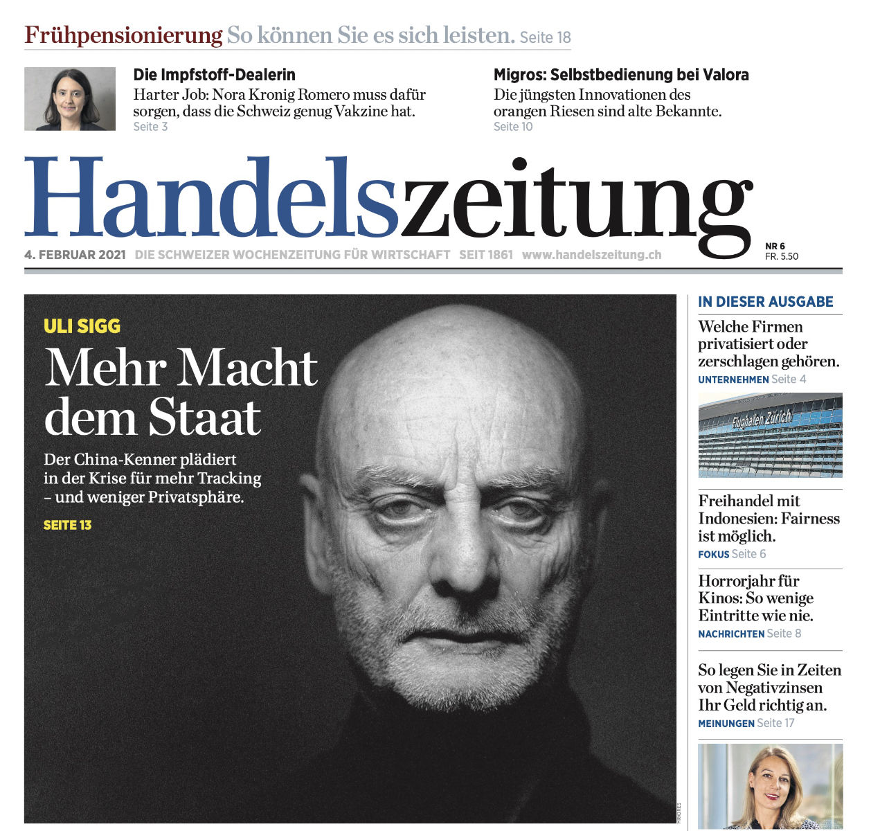 Uli Sigg on the cover of Handellszeitung